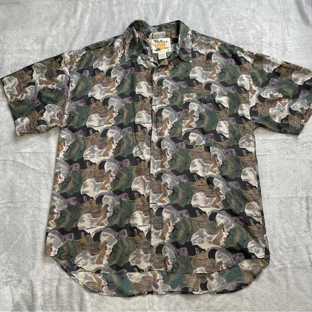 Protest Shirt‎ XL Men’s 100% Silk Abstract Pattern Button Up Novelty Vintage